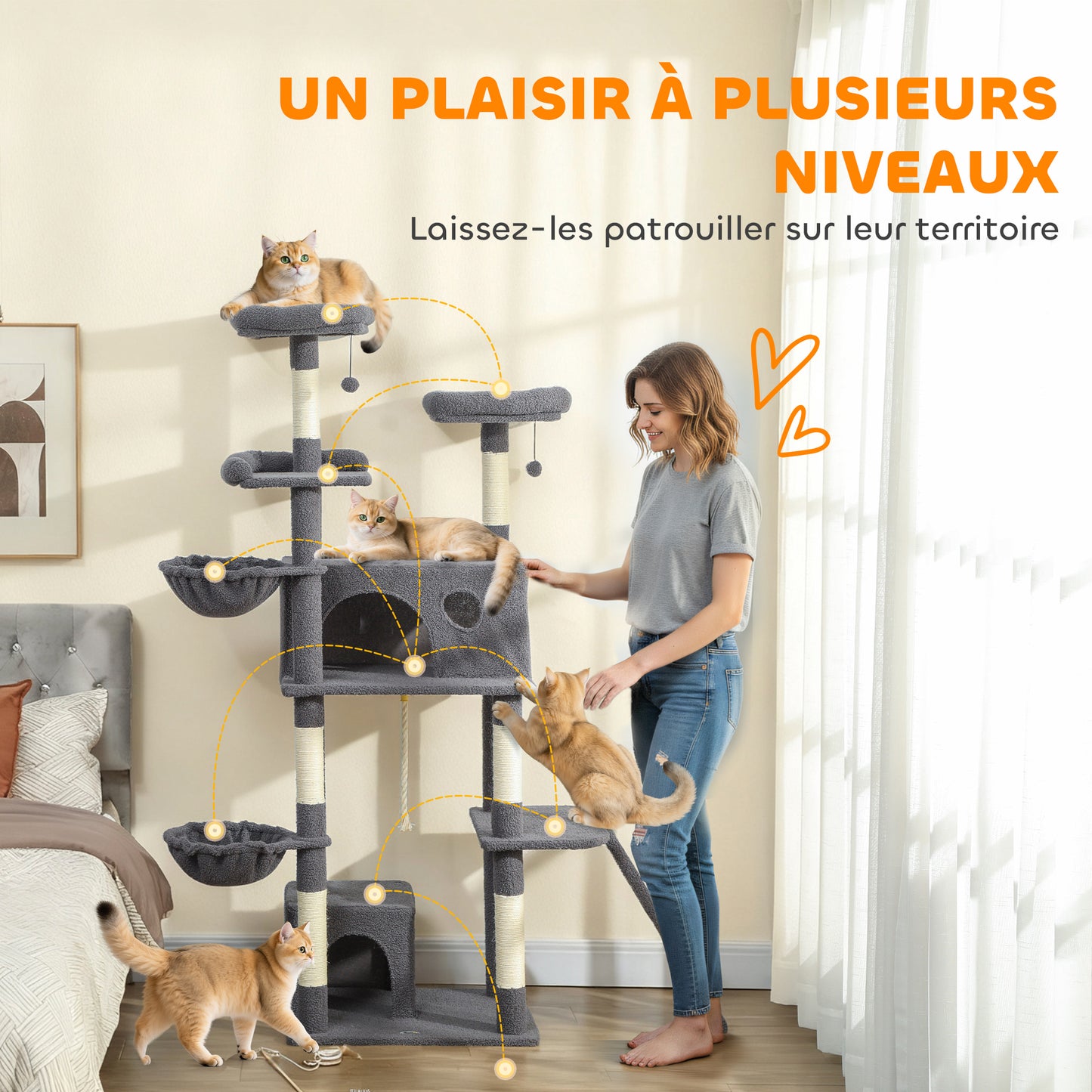 Arbre à chat tour de jeux pour chat avec griffoir 3 lits 2 niches plateformes et 3 jouets suspendus hauteur 174 cm gris-3
