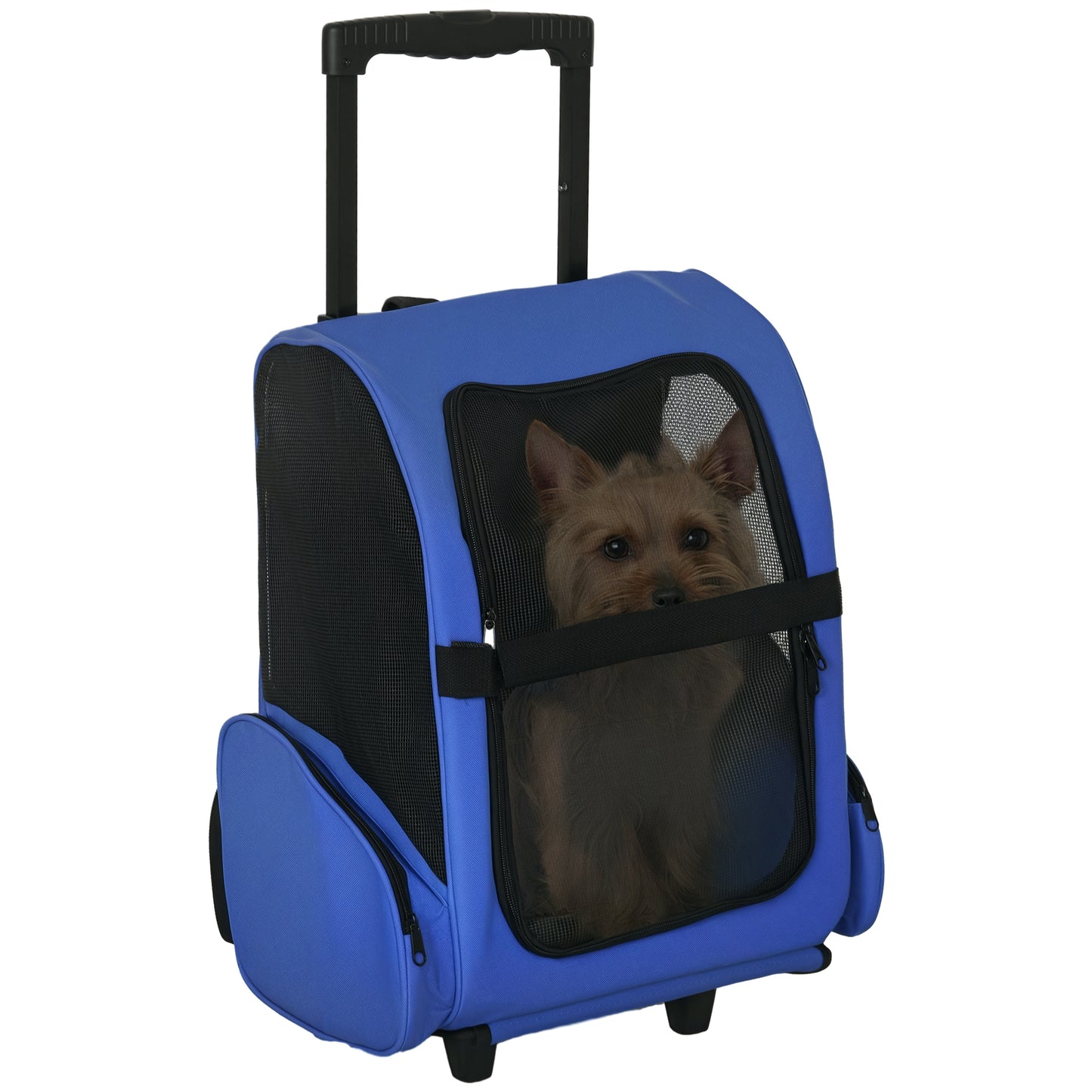 Sac de transport à roulettes pour chien 2 en 1 trolley chariot sac à dos pour chien chat avec poignée téléscopique, sacs de rangement, aérations, attache de sécurité, 42 x 25 x 55 cm, bleu-0