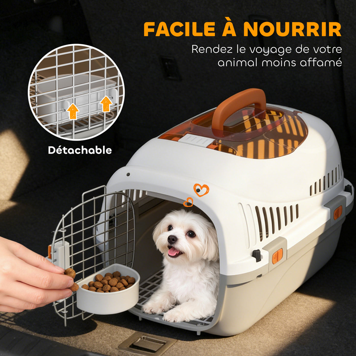 Caisse de transport chat et chien, cage de transport avec porte acier, bol de nourriture, 49 x 32 x 31 cm, gris et crème