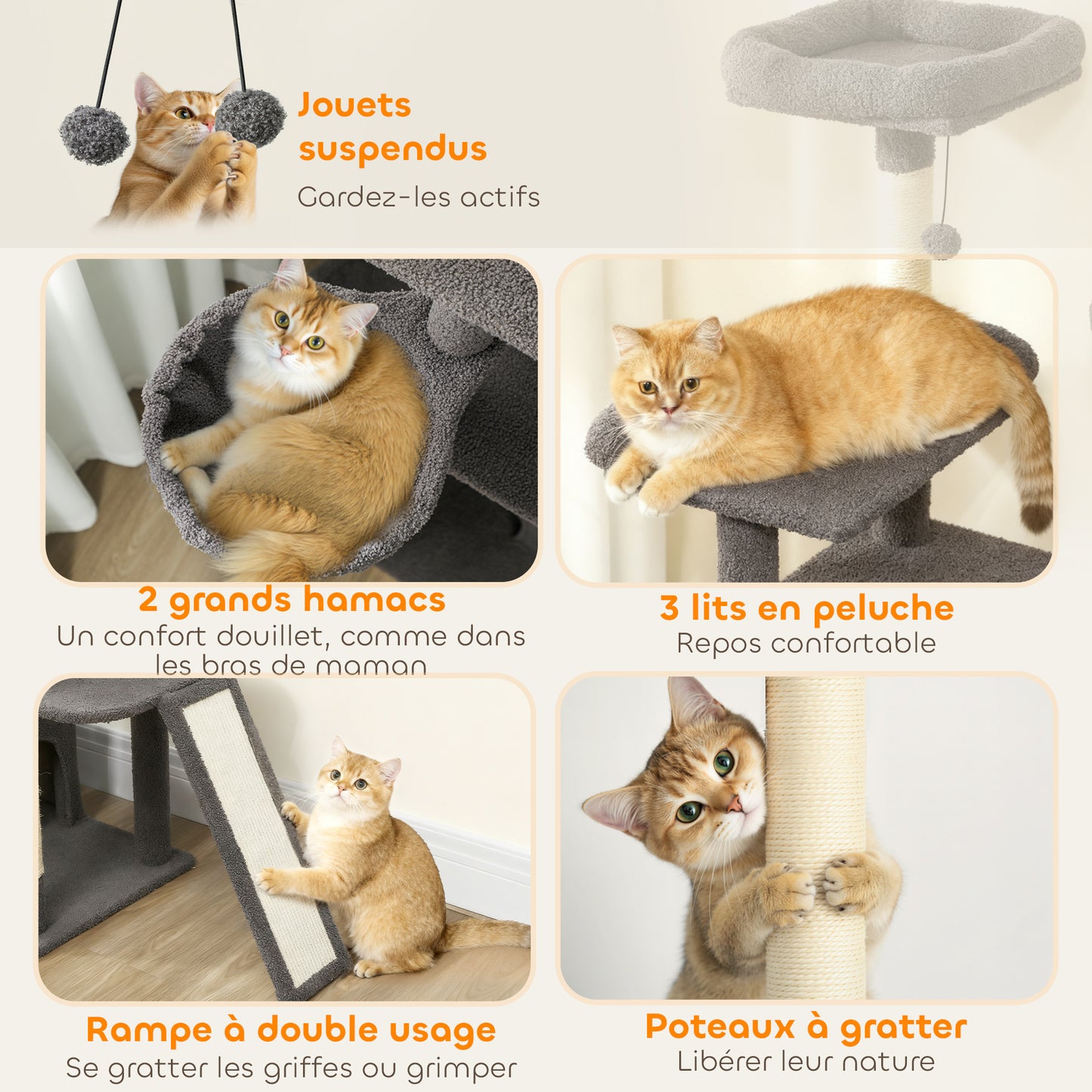 Arbre à chat tour de jeux pour chat avec griffoir 3 lits 2 niches plateformes et 3 jouets suspendus hauteur 174 cm gris-5