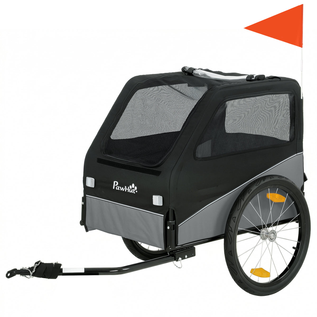 Remorque Vélo Chien avec Pneus 20", Attache Universelle, Réflecteurs, Drapeau, Laisse, 139x72x88cm, Gris et Noir-0