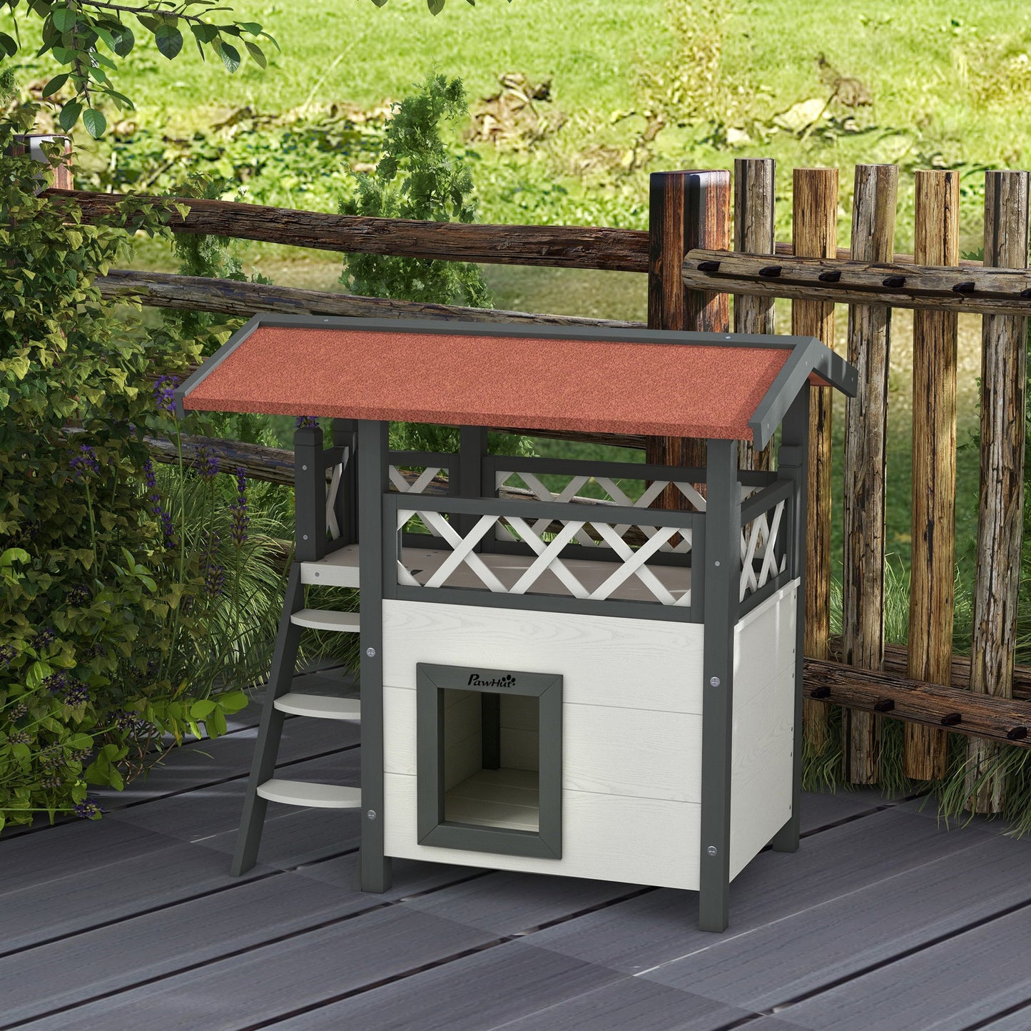Cabane Chat Extérieur avec Terrasse, Escalier, Toit, Niche Villa, 77 x 50 x 73 cm Blanc et Rouge