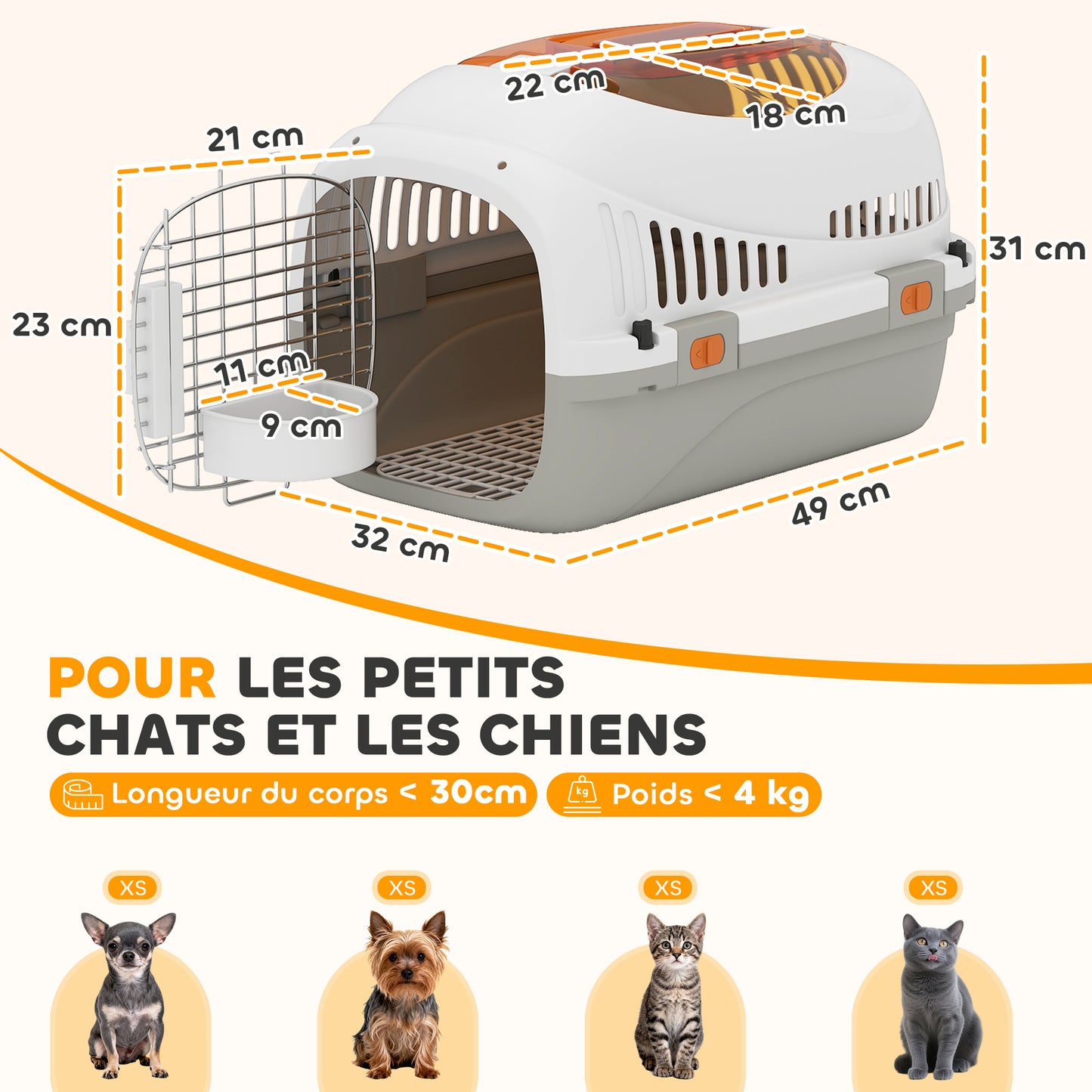 Caisse de transport chat et chien, cage de transport avec porte acier, bol de nourriture, 49 x 32 x 31 cm, gris et crème