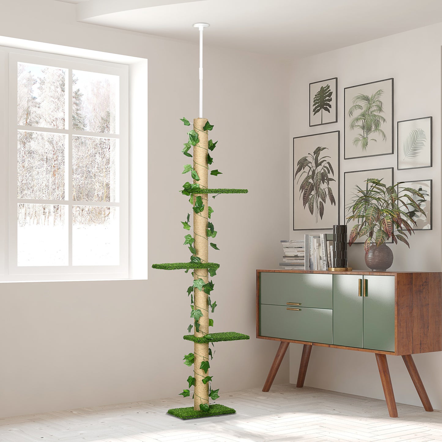 Arbre à chat poteau à griffer fixation plafond hauteur réglable 37 x 21 x 202- 242 cm 4 niveaux vert-1