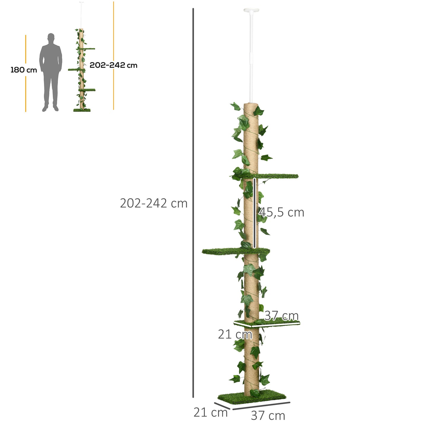 Arbre à chat poteau à griffer fixation plafond hauteur réglable 37 x 21 x 202- 242 cm 4 niveaux vert-2
