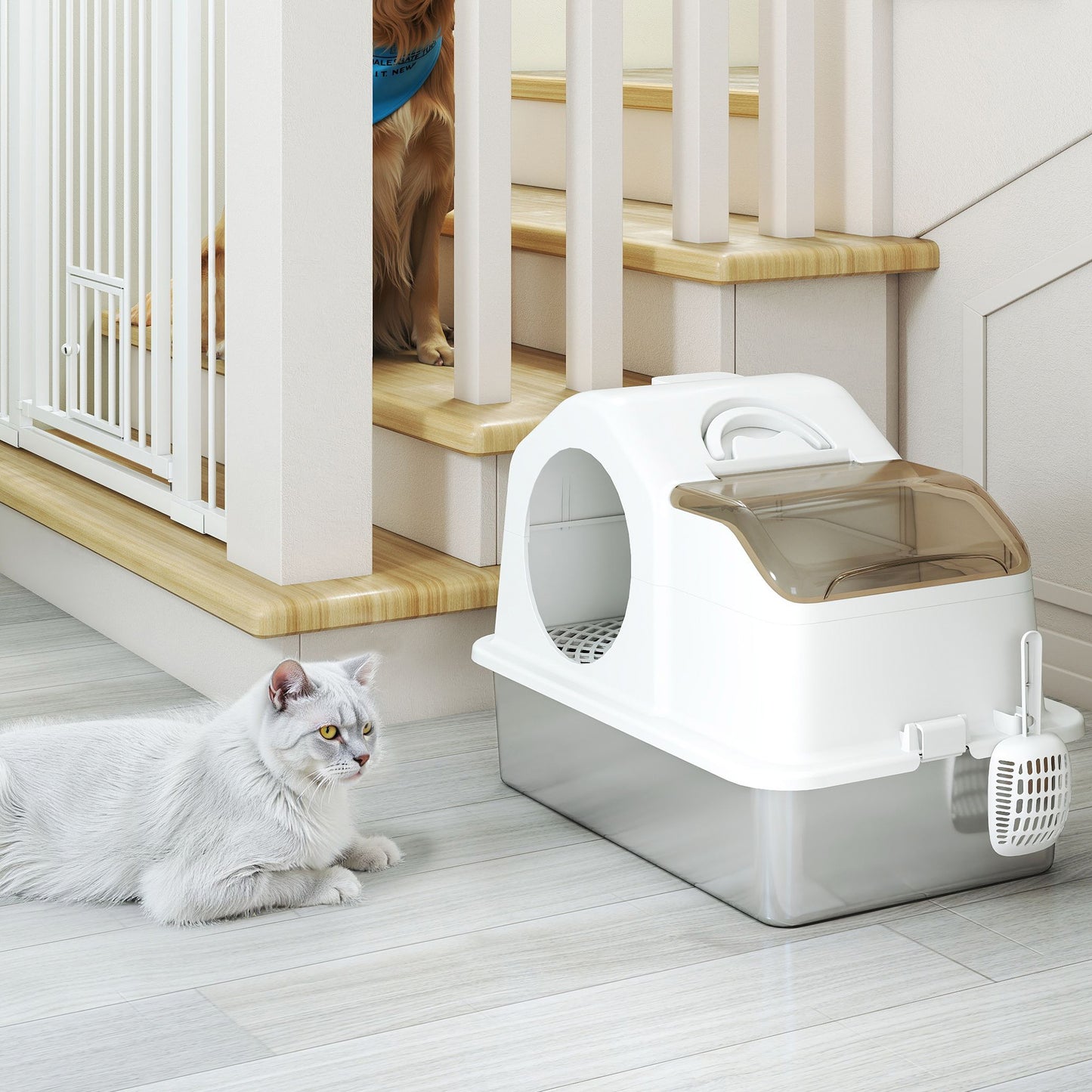 Maison de toilette pour chat avec couvercle amovible, bac à litière chat fermé côtés hauts, 60,5x40,5x45cm, blanc-8