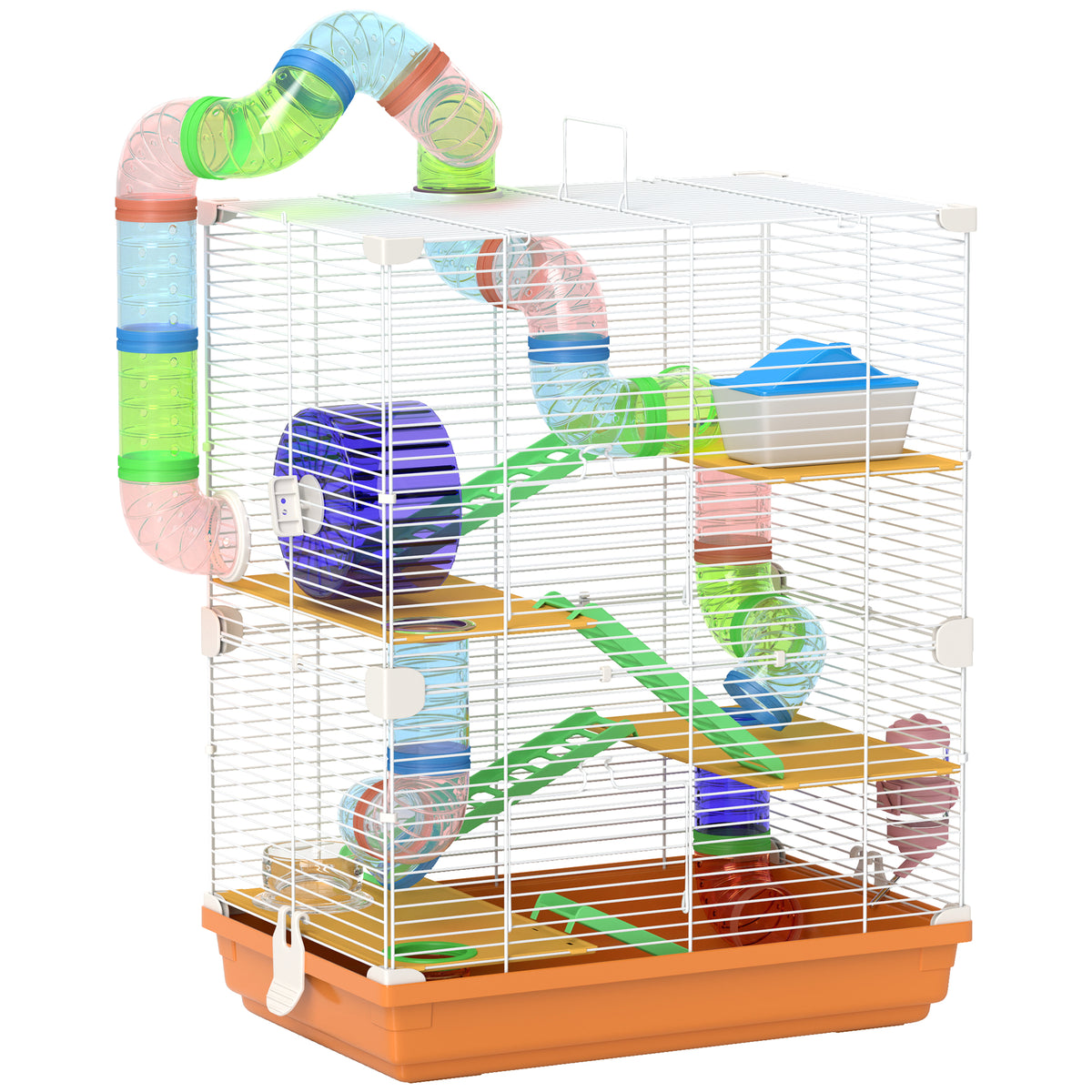 Cage pour hamster et gerbille à 5 étages, habitat sécurisé en grillage métallique avec tunnels, roue, maison et échelles, 46 x 30 x 58 cm, orange-0