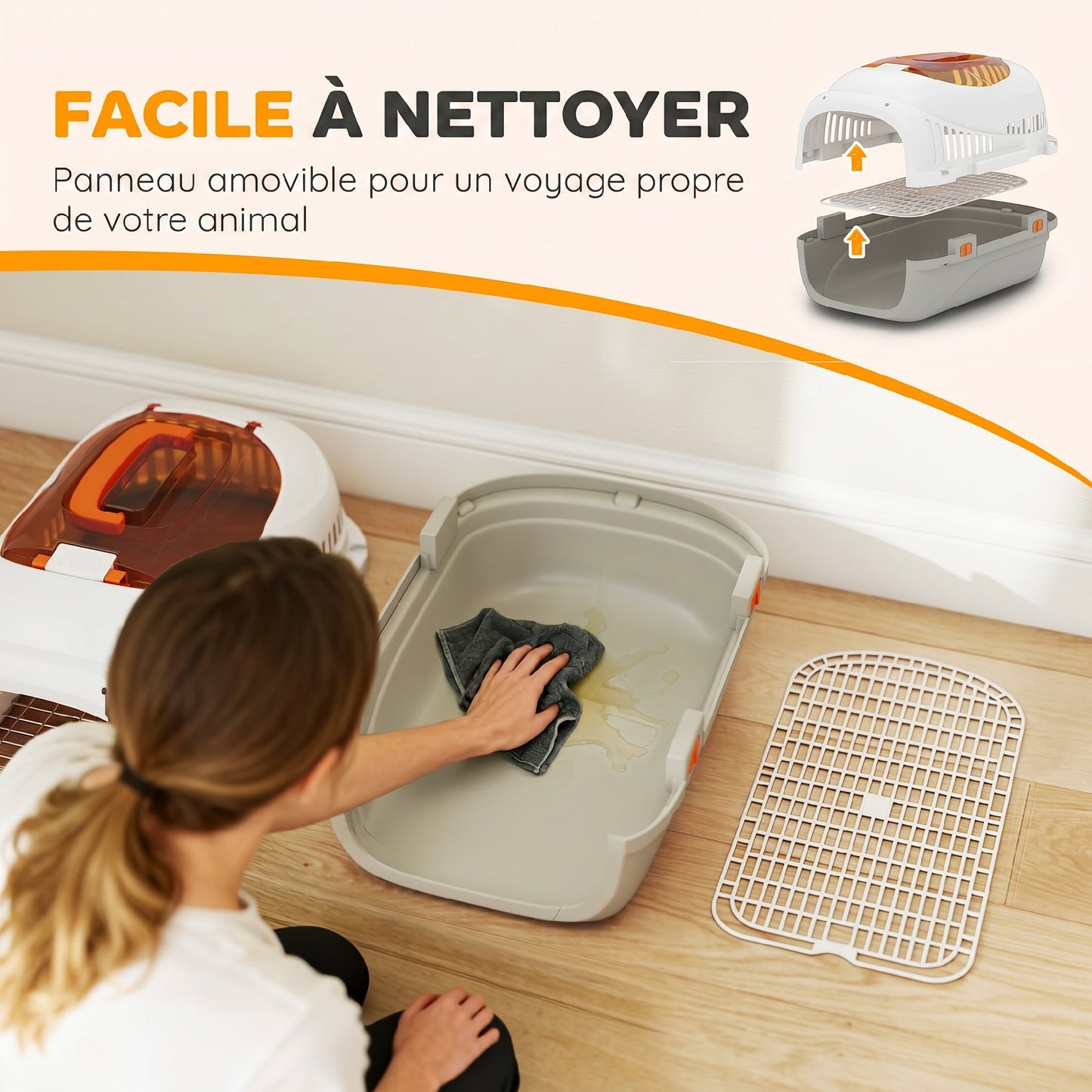 Caisse de transport chat et chien, cage de transport avec porte acier, bol de nourriture, 49 x 32 x 31 cm, gris et crème