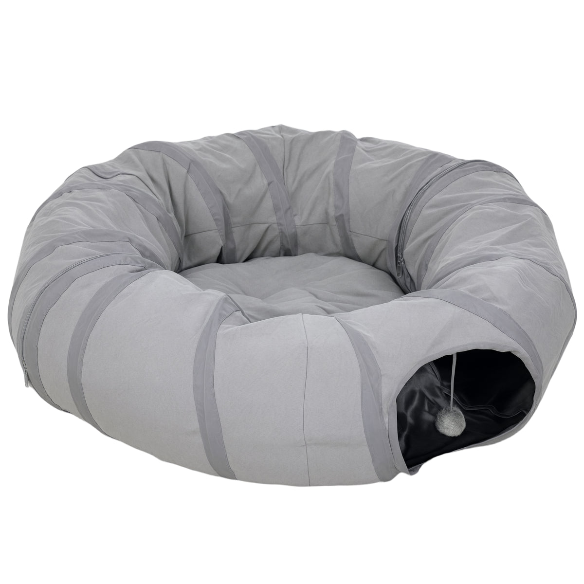 Tunnel pour chat intérieur rond tunnel avec lit et coussin, pliable, avec trous pour balles et judas, Ø 90 x 27 cm gris-0
