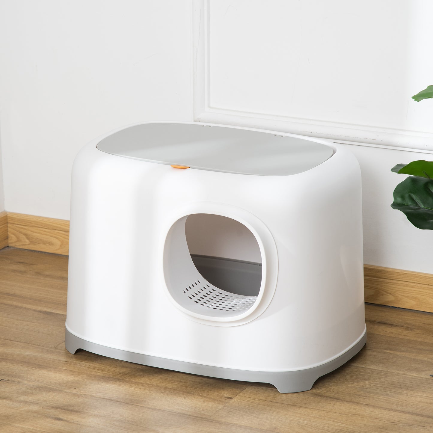 Bac à litière pour chat maison de toilette fermée avec couvercle et pelle, Plastique (PP), 55L x 40l x 39H cm, blanc-6