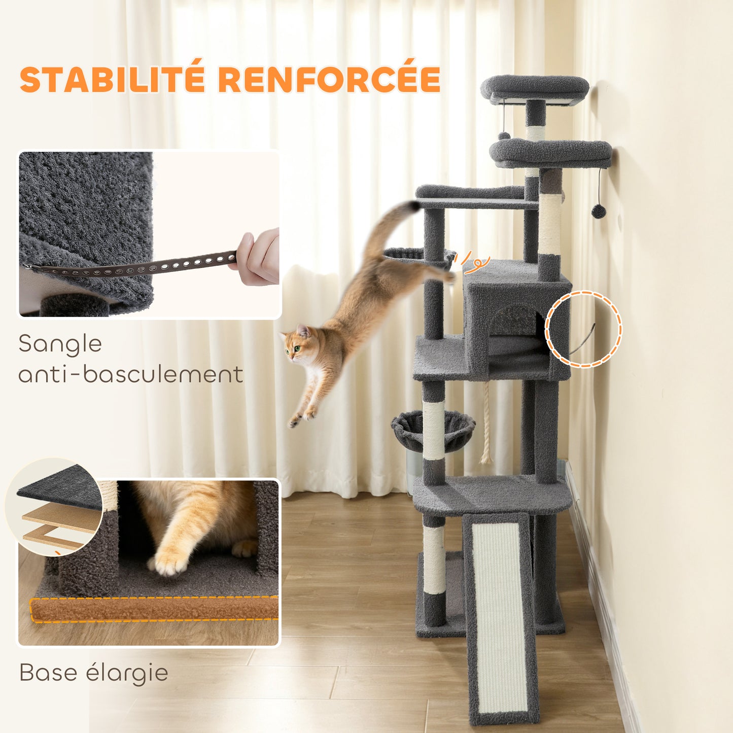 Arbre à chat tour de jeux pour chat avec griffoir 3 lits 2 niches plateformes et 3 jouets suspendus hauteur 174 cm gris-6