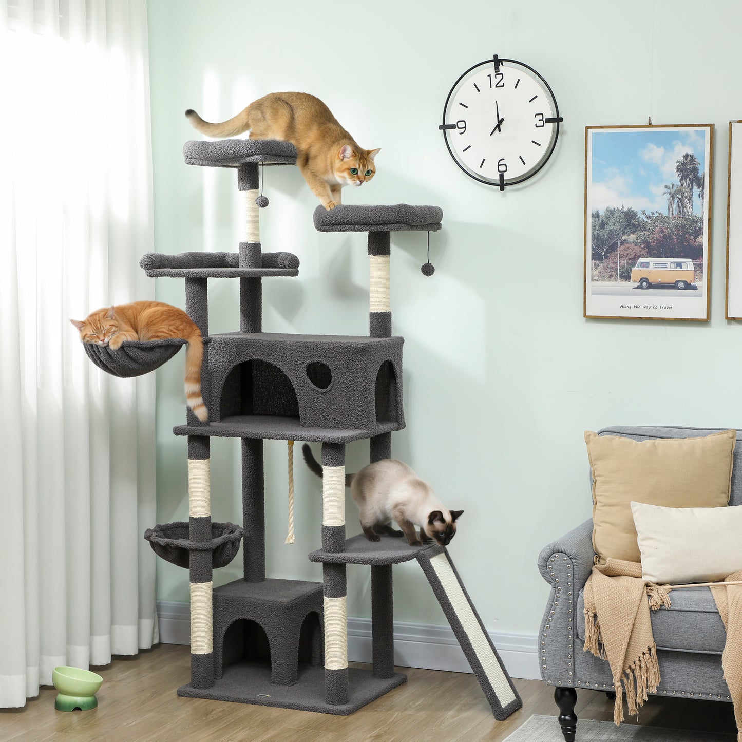 Arbre à chat tour de jeux pour chat avec griffoir 3 lits 2 niches plateformes et 3 jouets suspendus hauteur 174 cm gris-1