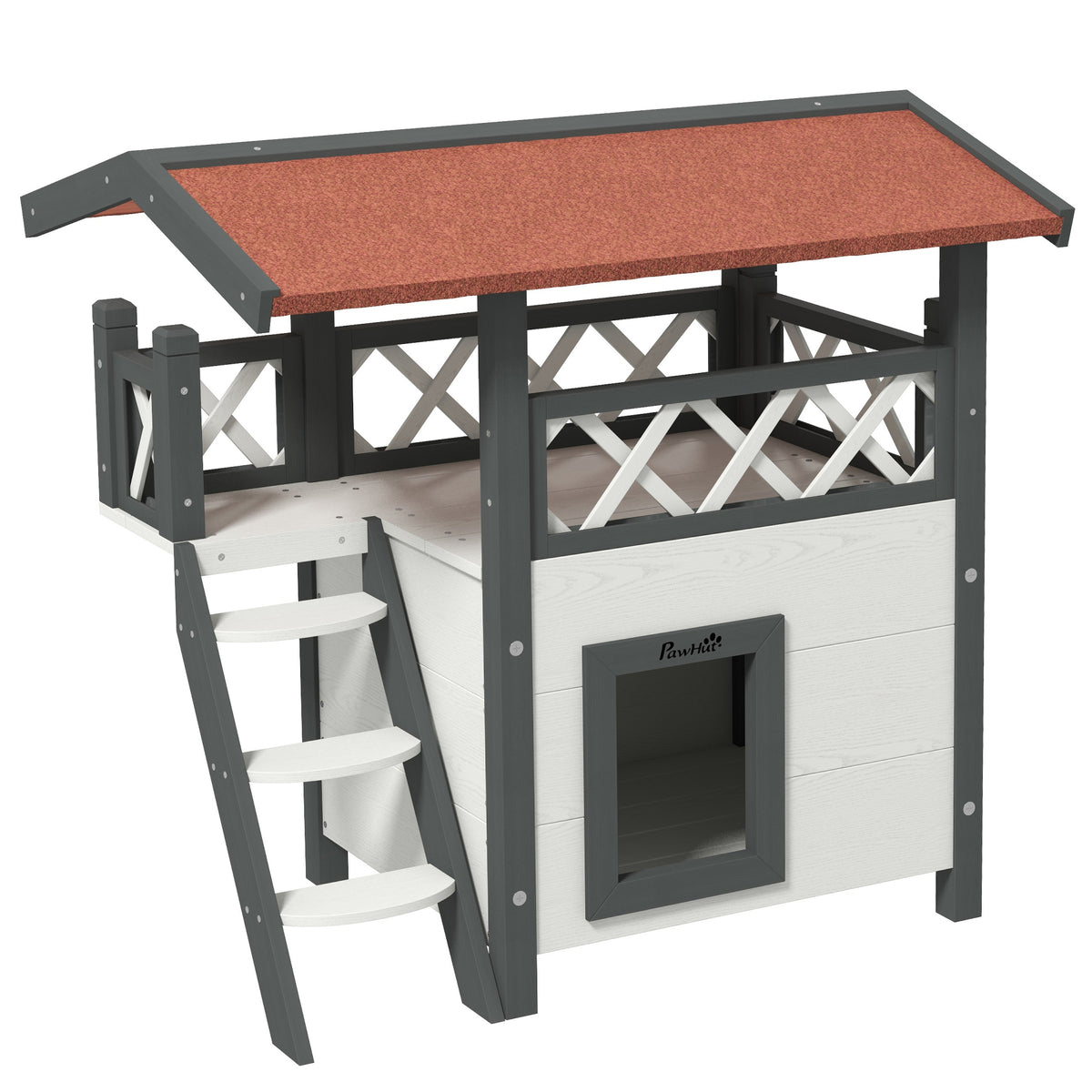 Cabane Chat Extérieur avec Terrasse, Escalier, Toit, Niche Villa, 77 x 50 x 73 cm Blanc et Rouge