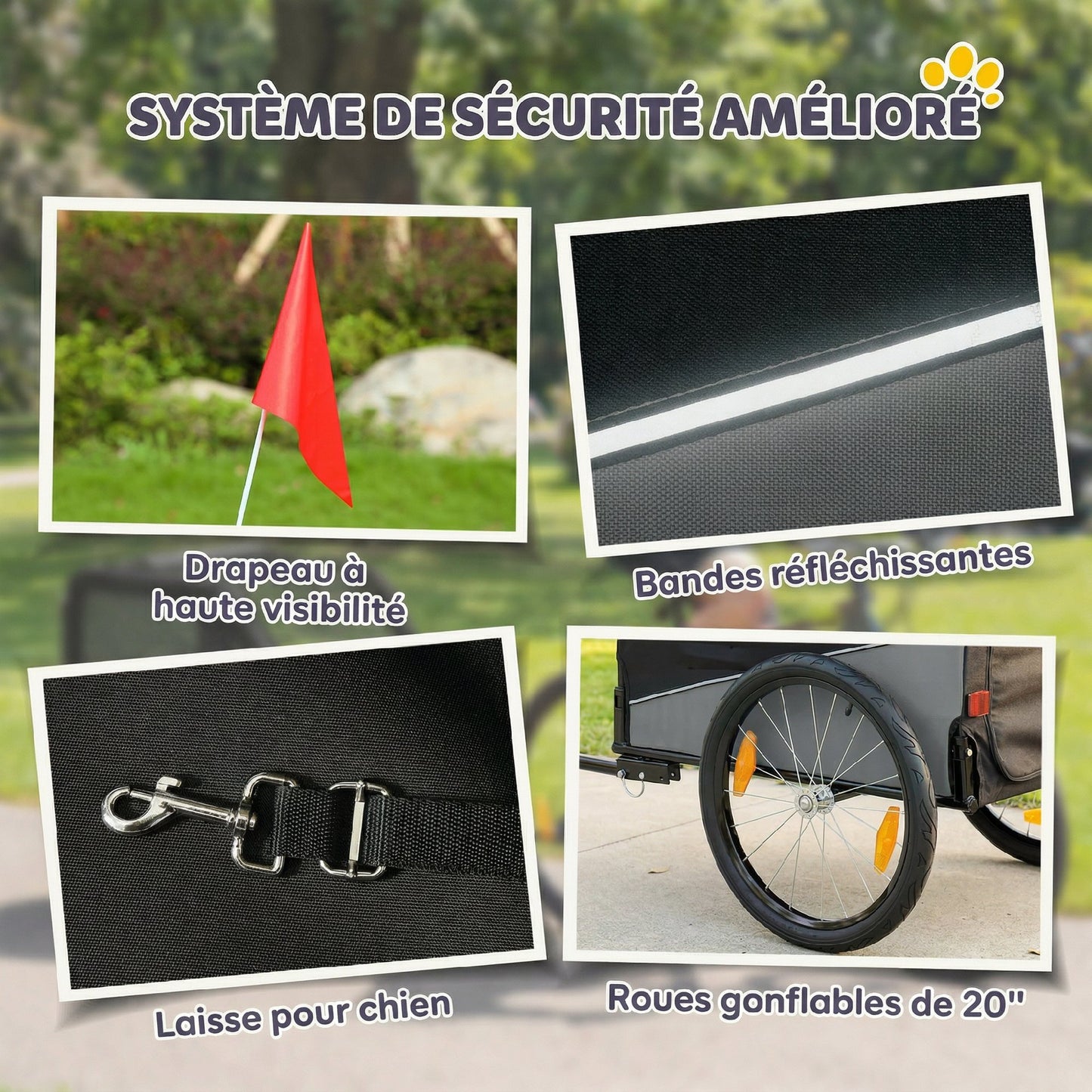 Remorque Vélo Chien avec Pneus 20", Attache Universelle, Réflecteurs, Drapeau, Laisse, 139x72x88cm, Gris et Noir-7