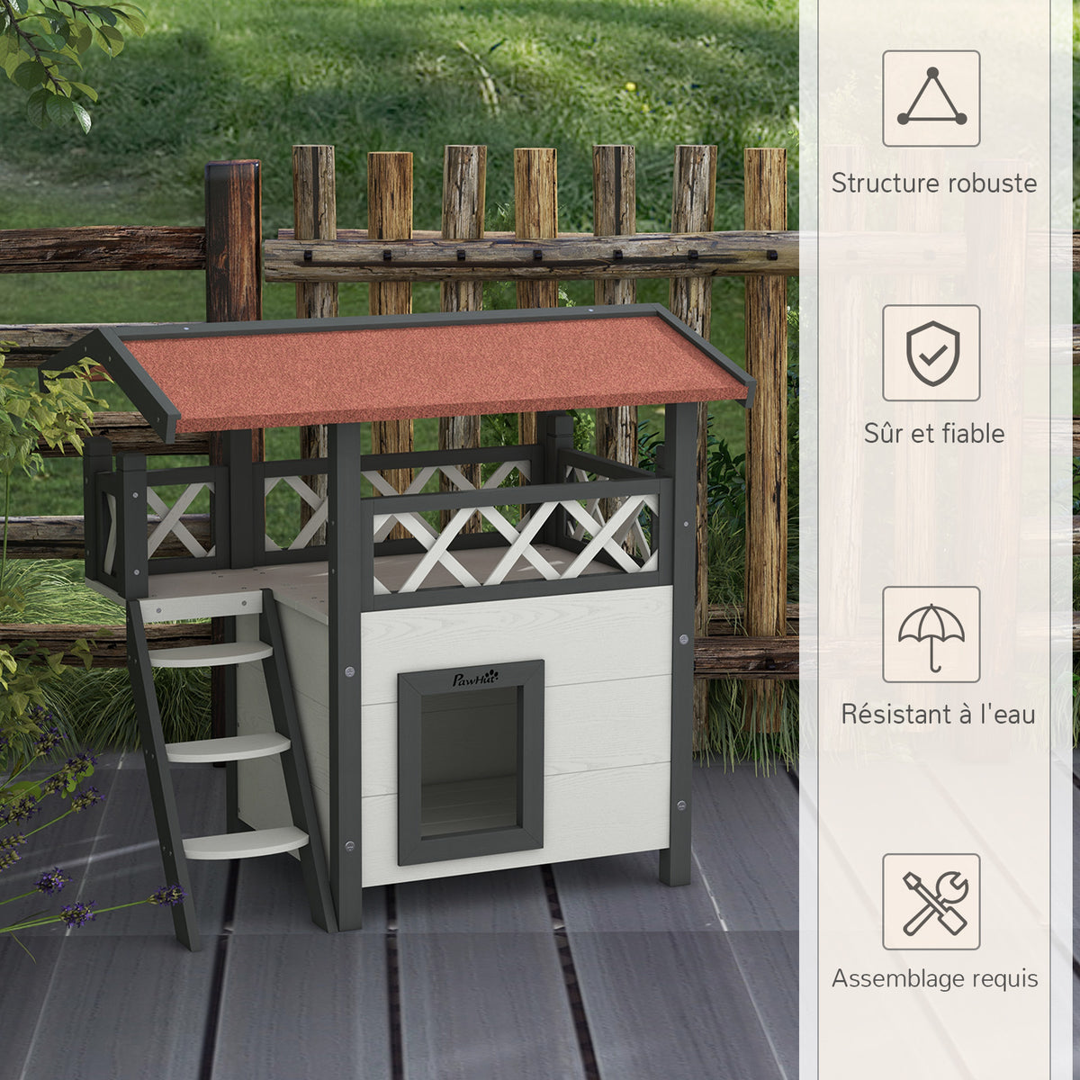 Cabane Chat Extérieur avec Terrasse, Escalier, Toit, Niche Villa, 77 x 50 x 73 cm Blanc et Rouge