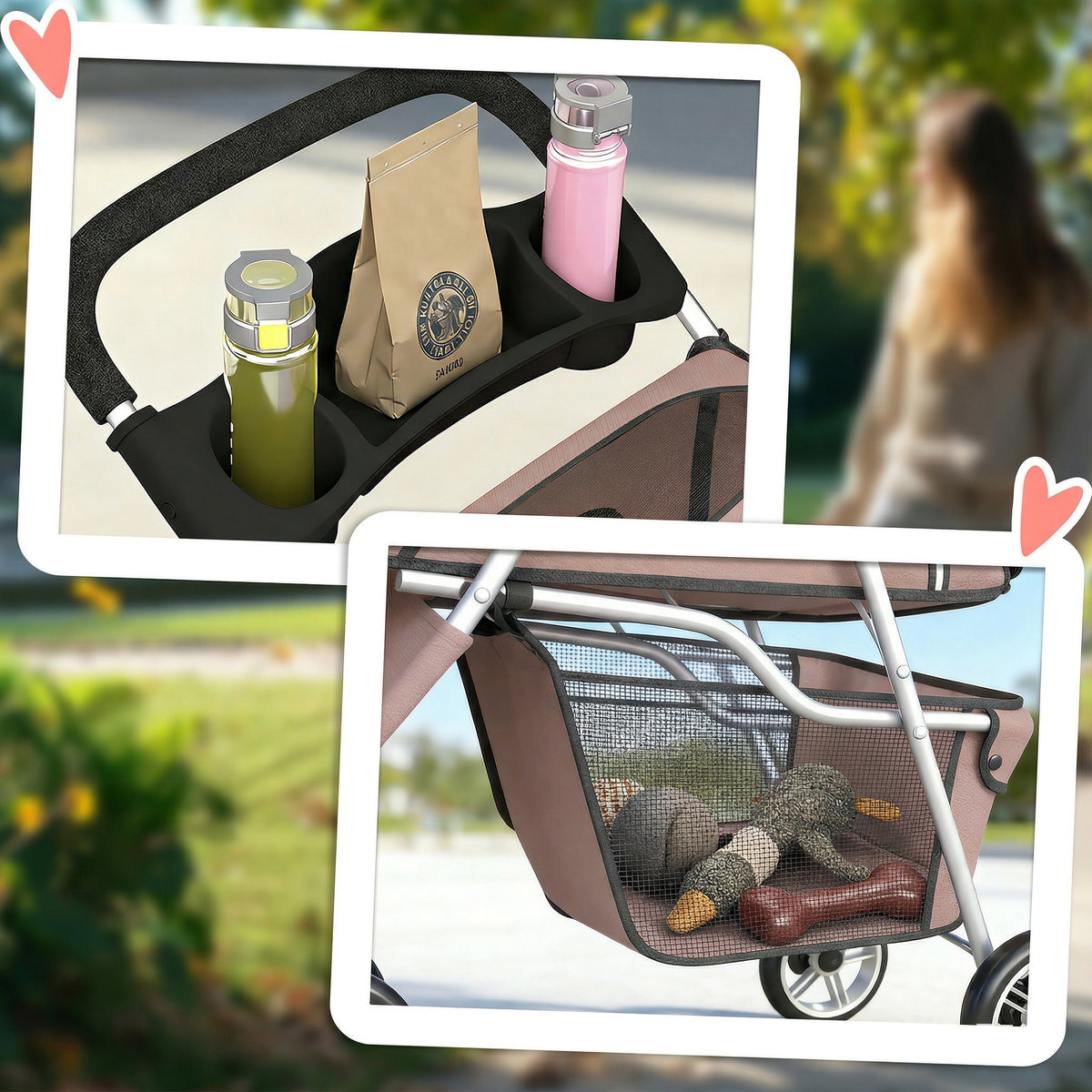 Poussette pour Chien 4 Roues, Chariot Pliable avec Auvent Réglable, Panier de Rangement, 77x44x102cm, Café-7
