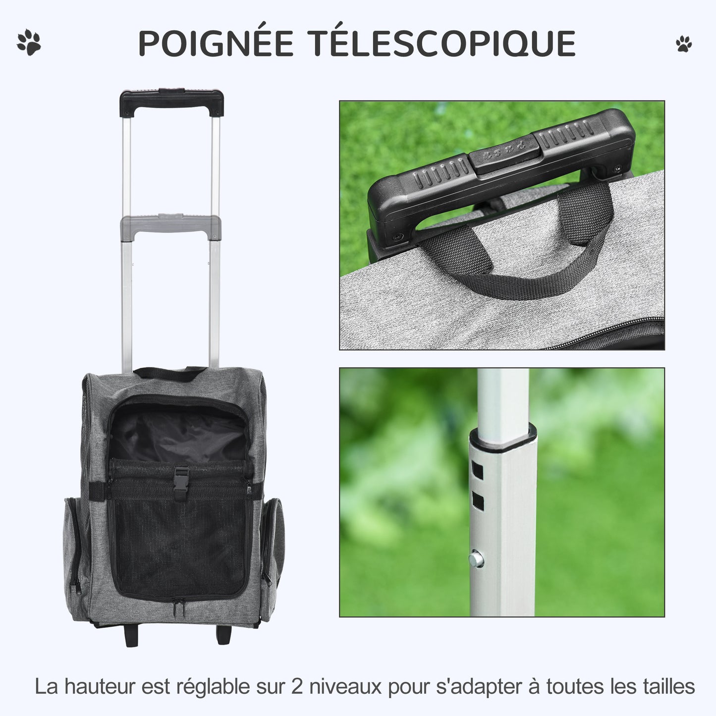 Sac de transport à roulettes pour chien 2 en 1 trolley chariot sac à dos pour chien chat avec poignée téléscopique, sacs de rangement, aérations, attache de sécurité, 42 x 25 x 55 cm, gris-3
