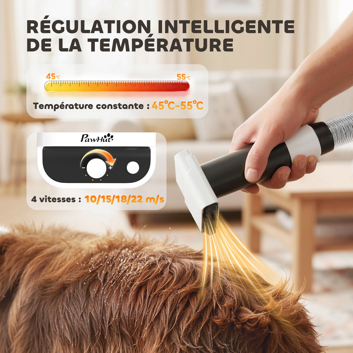 Aspirateur poil de chien et séchoir 5-en-1 kit toilettage chien professionnel 12kPa 50dB 37,6x17,5x18,5cm blanc