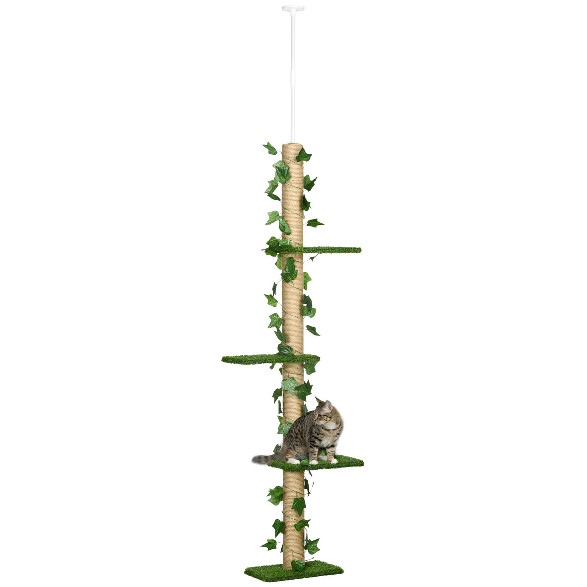 Arbre à chat poteau à griffer fixation plafond hauteur réglable 37 x 21 x 202- 242 cm 4 niveaux vert-0