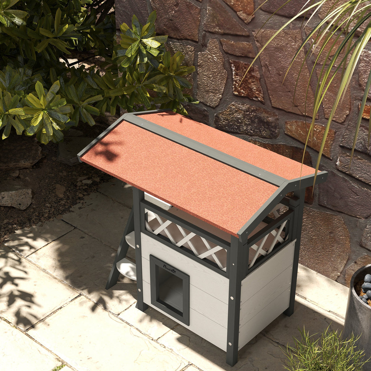 Cabane Chat Extérieur avec Terrasse, Escalier, Toit, Niche Villa, 77 x 50 x 73 cm Blanc et Rouge