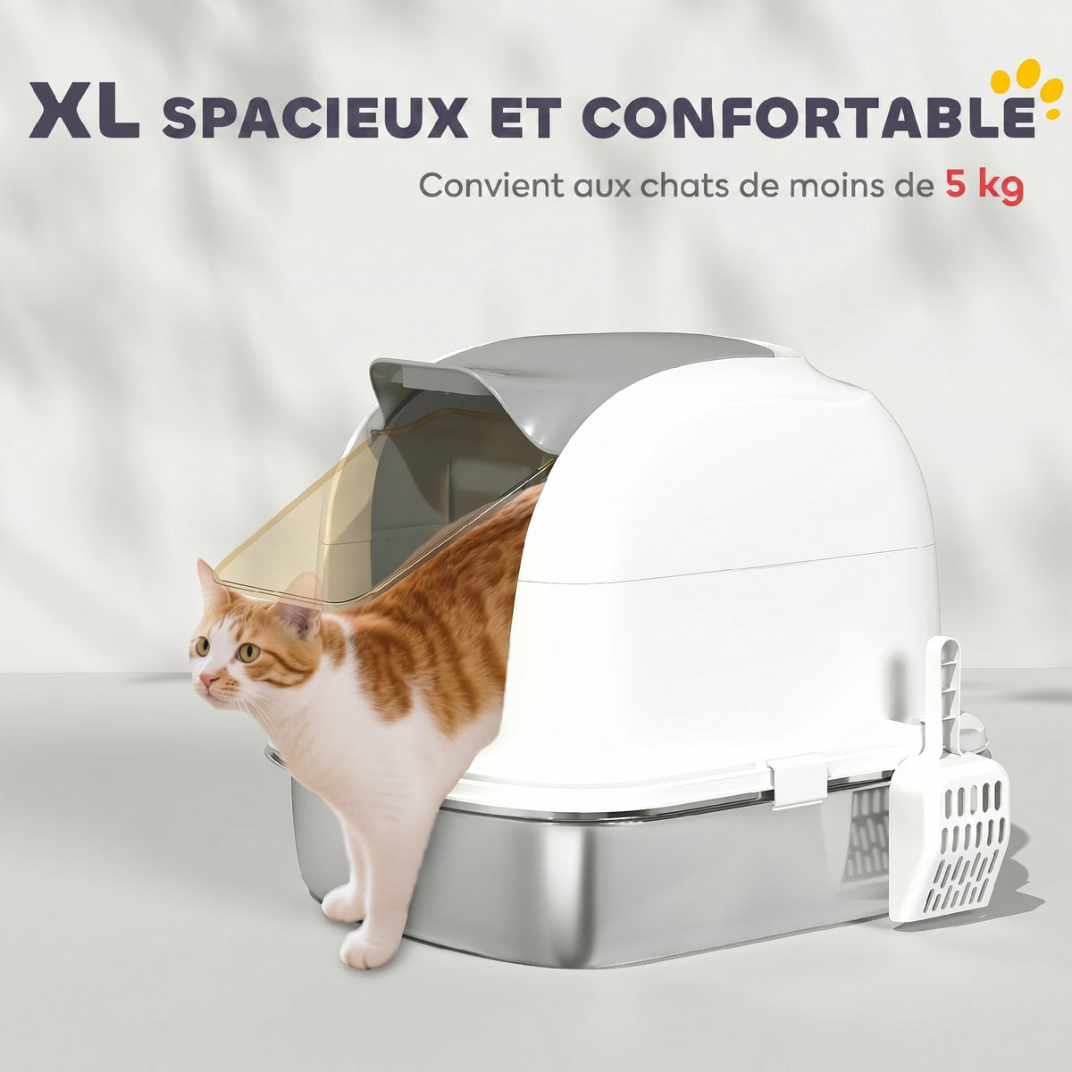 Bac à Litière pour Chat en Acier Inoxydable Caisse Litière Fermée pour Chats Couvercle Contrôle des Odeurs XL Blanc-5