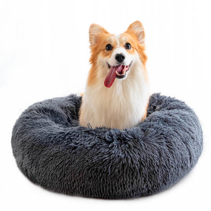 Lit rond douillet pour chiens et chats, idéal pour le repos.