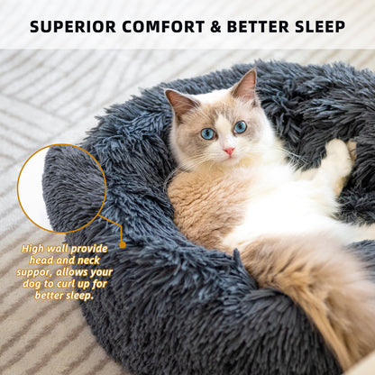 Lit rond douillet pour chiens et chats, idéal pour le repos.
