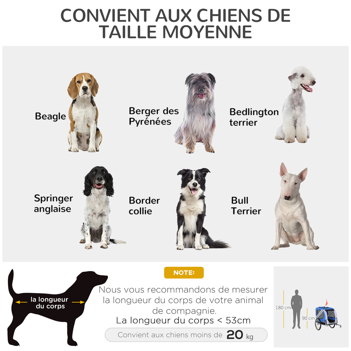 Remorque vélo pour chien animaux 8 réflecteurs drapeau barre attelage inclus 130 x 73 x 90 cm blanc et bleu-6