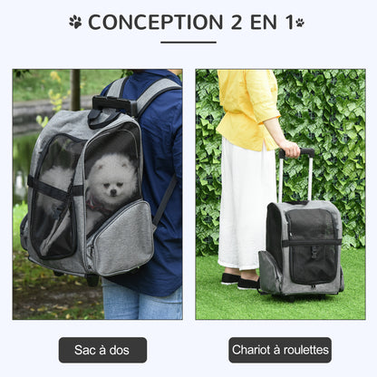 Sac de transport à roulettes pour chien 2 en 1 trolley chariot sac à dos pour chien chat avec poignée téléscopique, sacs de rangement, aérations, attache de sécurité, 42 x 25 x 55 cm, gris-4