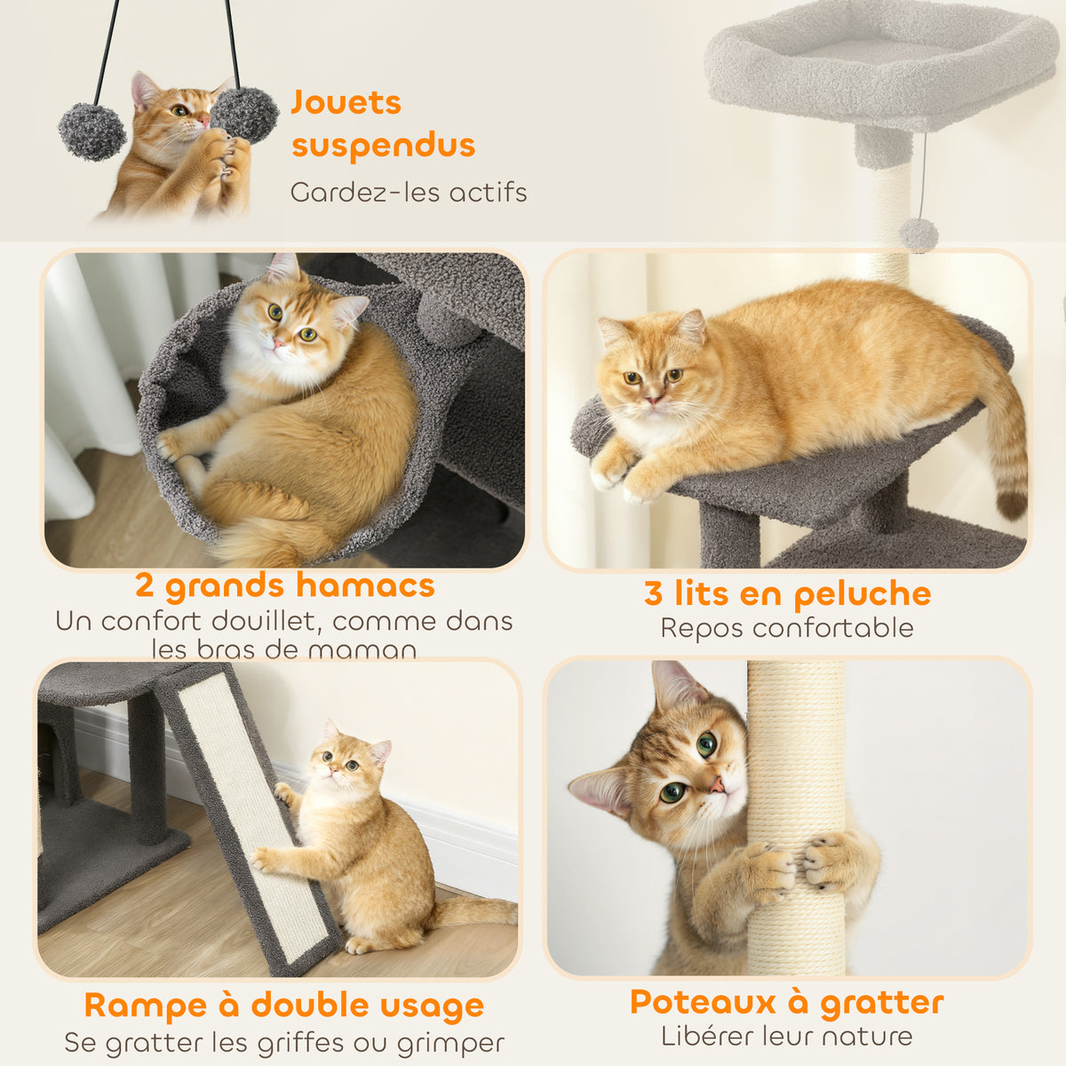 Arbre à chat tour de jeux pour chat avec griffoir 3 lits 2 niches plateformes et 3 jouets suspendus hauteur 174 cm gris-5