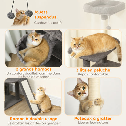 Arbre à chat tour de jeux pour chat avec griffoir 3 lits 2 niches plateformes et 3 jouets suspendus hauteur 174 cm gris-5