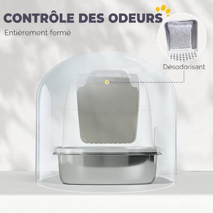 Bac à Litière pour Chat en Acier Inoxydable Caisse Litière Fermée pour Chats Couvercle Contrôle des Odeurs XL Blanc-4