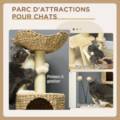 Arbre à chat hauteur 116 cm niche panier plateformes pompons en peluche et jacinthe d'eau - beige-6