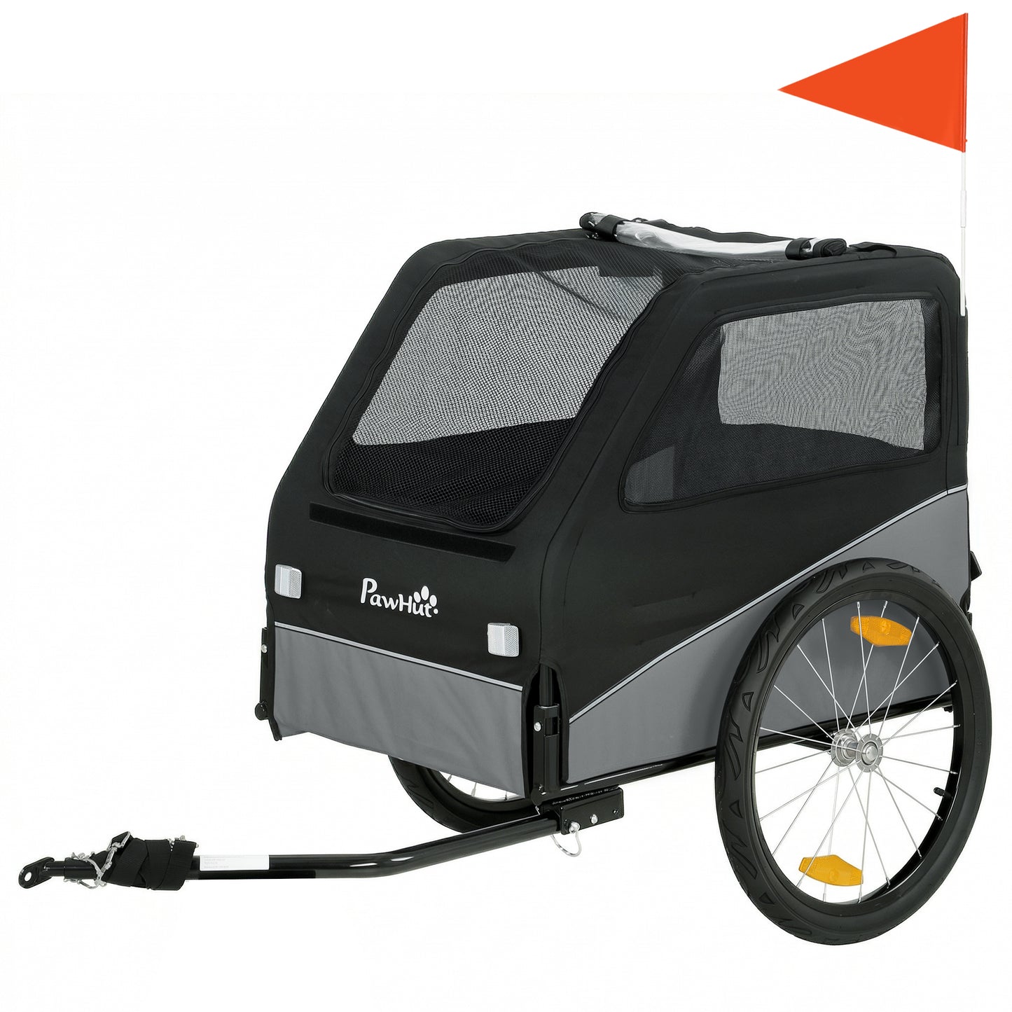 Remorque Vélo Chien avec Pneus 20", Attache Universelle, Réflecteurs, Drapeau, Laisse, 139x72x88cm, Gris et Noir-0