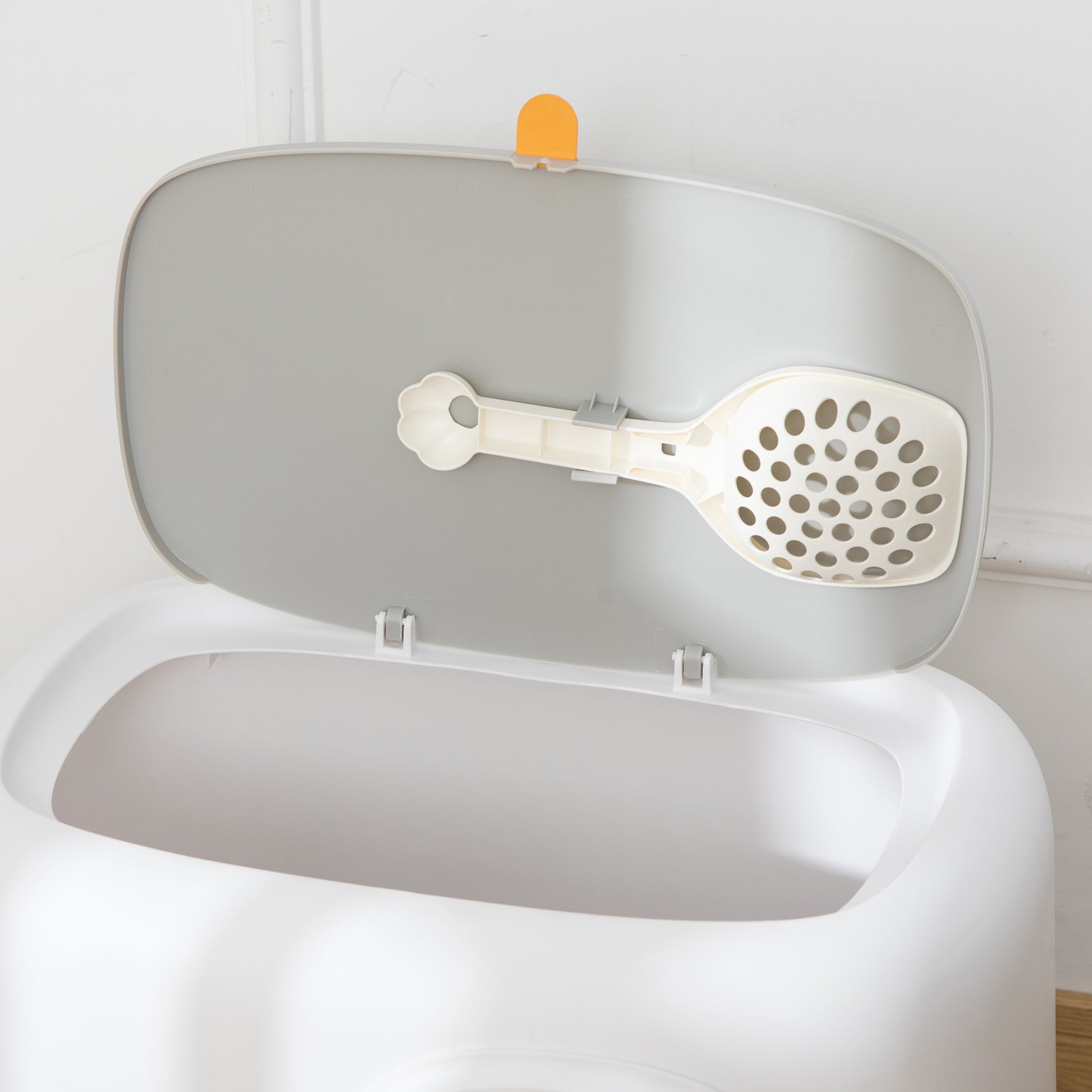 Bac à litière pour chat maison de toilette fermée avec couvercle et pelle, Plastique (PP), 55L x 40l x 39H cm, blanc-8