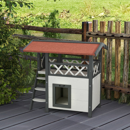 Cabane Chat Extérieur avec Terrasse, Escalier, Toit, Niche Villa, 77 x 50 x 73 cm Blanc et Rouge