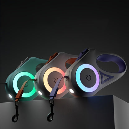 Laisse rétractable lumineuse pour chien, assurant sécurité lors des promenades nocturnes.