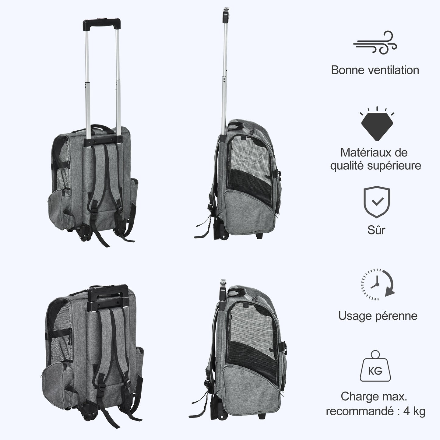 Sac de transport à roulettes pour chien 2 en 1 trolley chariot sac à dos pour chien chat avec poignée téléscopique, sacs de rangement, aérations, attache de sécurité, 42 x 25 x 55 cm, gris-6
