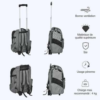 Sac de transport à roulettes pour chien 2 en 1 trolley chariot sac à dos pour chien chat avec poignée téléscopique, sacs de rangement, aérations, attache de sécurité, 42 x 25 x 55 cm, gris-6