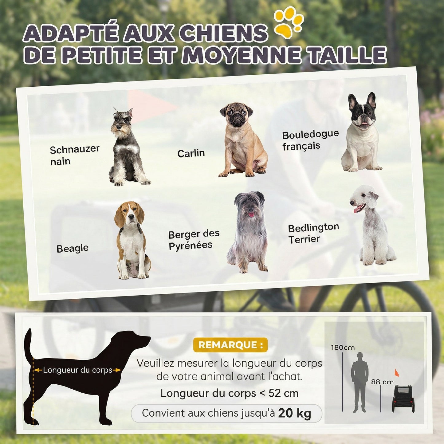 Remorque Vélo Chien avec Pneus 20", Attache Universelle, Réflecteurs, Drapeau, Laisse, 139x72x88cm, Gris et Noir-5