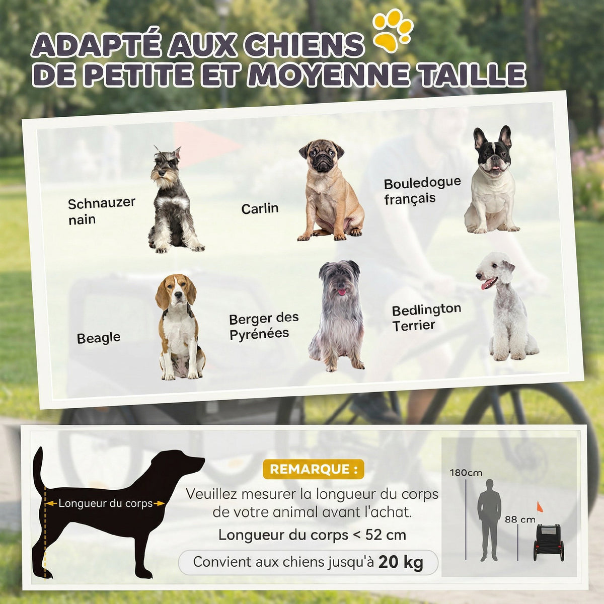 Remorque Vélo Chien avec Pneus 20", Attache Universelle, Réflecteurs, Drapeau, Laisse, 139x72x88cm, Gris et Noir-5