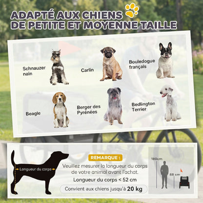 Remorque Vélo Chien avec Pneus 20", Attache Universelle, Réflecteurs, Drapeau, Laisse, 139x72x88cm, Gris et Noir-5