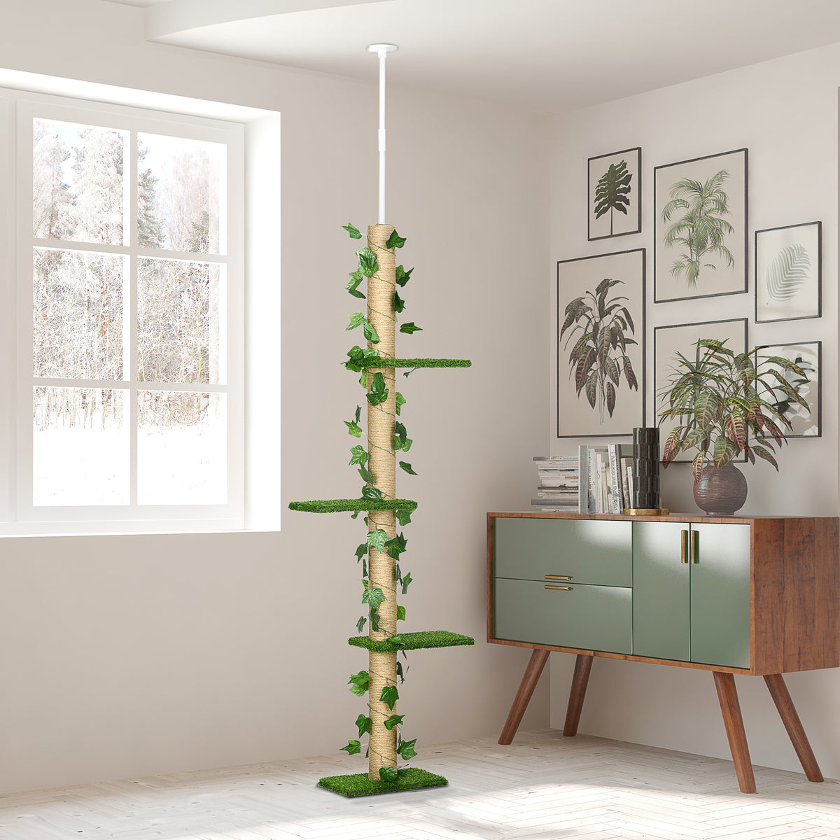 Arbre à chat poteau à griffer fixation plafond hauteur réglable 37 x 21 x 202- 242 cm 4 niveaux vert-1