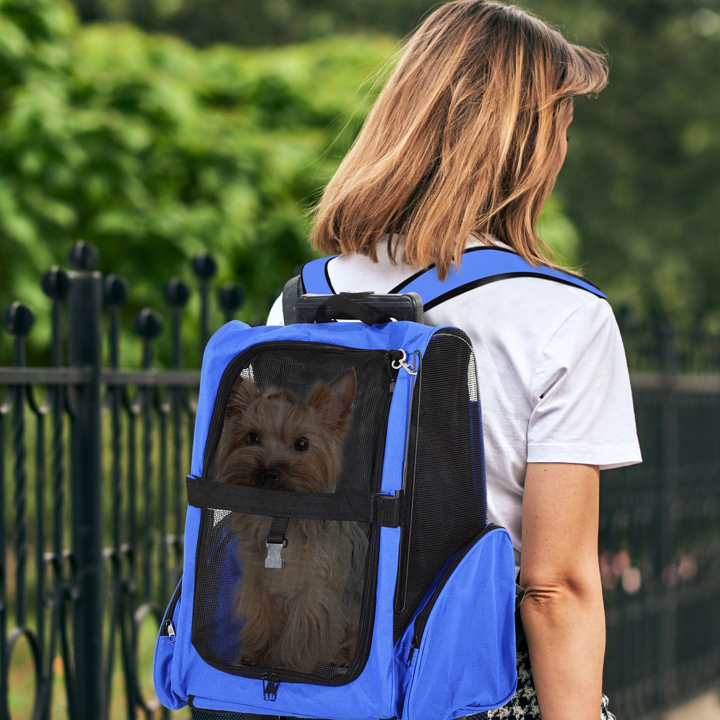 Sac de transport à roulettes pour chien 2 en 1 trolley chariot sac à dos pour chien chat avec poignée téléscopique, sacs de rangement, aérations, attache de sécurité, 42 x 25 x 55 cm, bleu-1