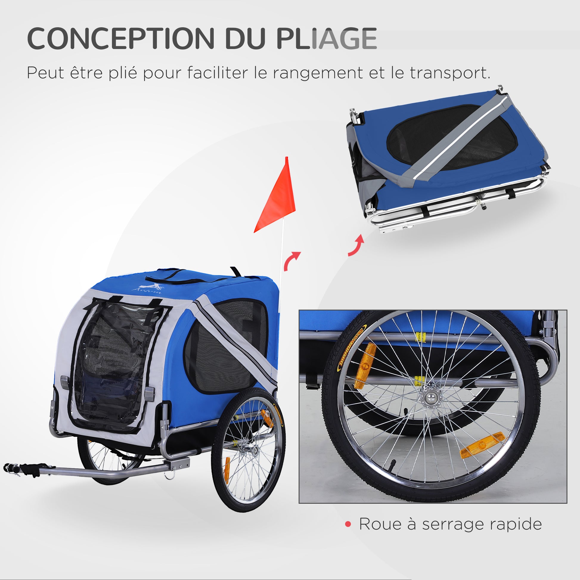 Remorque vélo pour chien animaux 8 réflecteurs drapeau barre attelage inclus 130 x 73 x 90 cm blanc et bleu-5