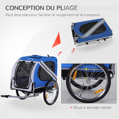 Remorque vélo pour chien animaux 8 réflecteurs drapeau barre attelage inclus 130 x 73 x 90 cm blanc et bleu-5