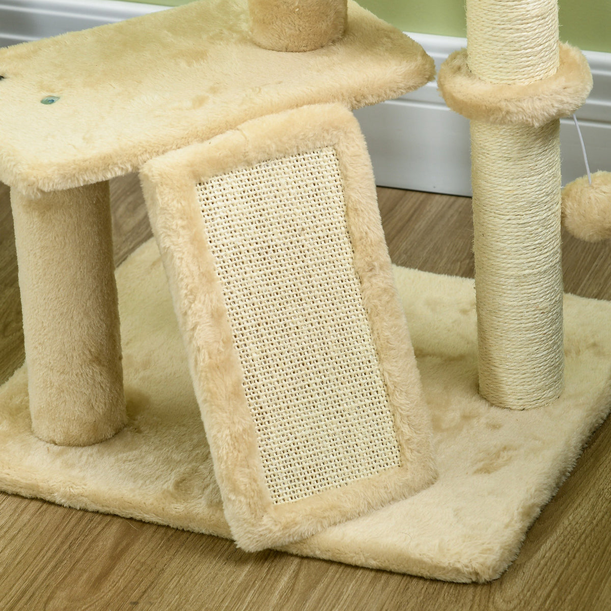 Arbre à chat hauteur 116 cm niche panier plateformes pompons en peluche et jacinthe d'eau - beige-7