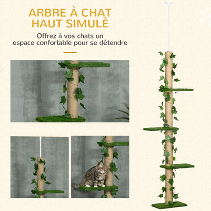Arbre à chat poteau à griffer fixation plafond hauteur réglable 37 x 21 x 202- 242 cm 4 niveaux vert-3