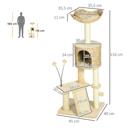 Arbre à chat hauteur 116 cm niche panier plateformes pompons en peluche et jacinthe d'eau - beige-2
