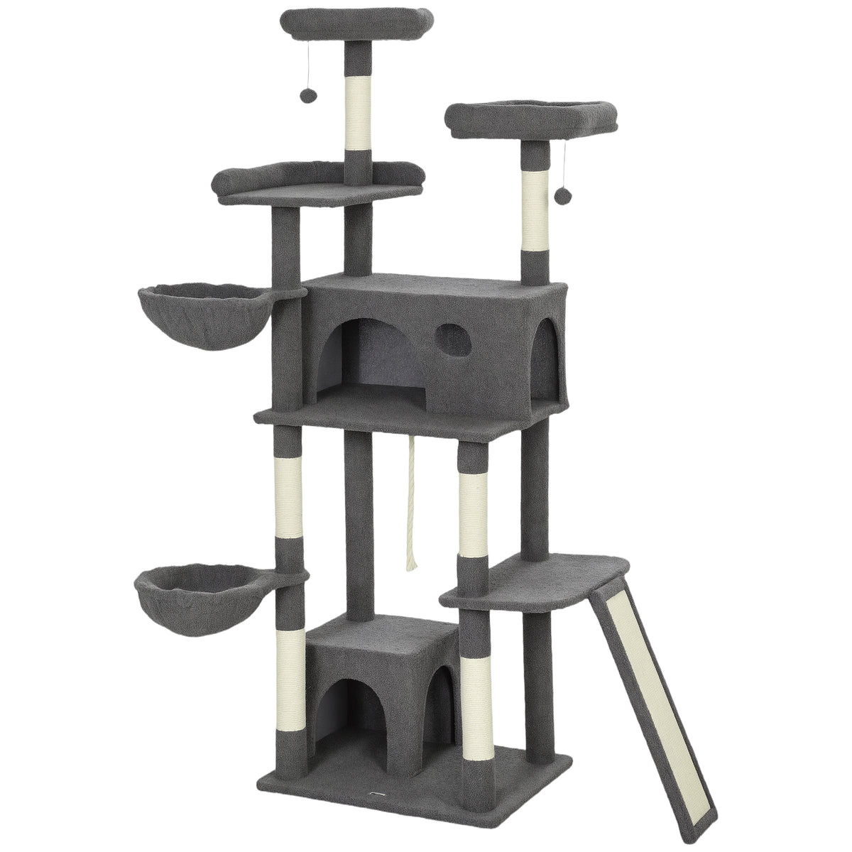 Arbre à chat tour de jeux pour chat avec griffoir 3 lits 2 niches plateformes et 3 jouets suspendus hauteur 174 cm gris-0